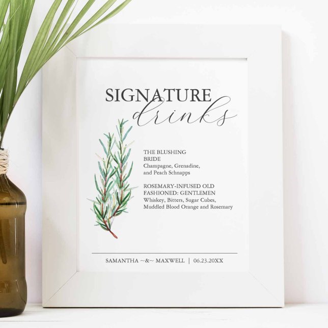 Poster Assinatura Bebe 8x10 Sinal de Casamento Rosemary (Signature cocktails sign feature a watercolor sprig of rosemary by Victoria Grigaliunas )