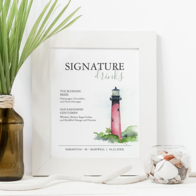 Poster Assinatura Bebe Sinal de Casamento de Praia 8x10 (Wedding signature drinks sign watercolor lighthouse art by Victoria Grigaliunas of Do Tell A Belle)