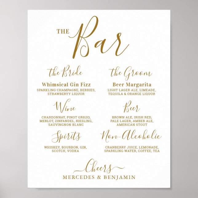 Poster Assinatura de casamento Beber Bar Dourado personal (Frente)