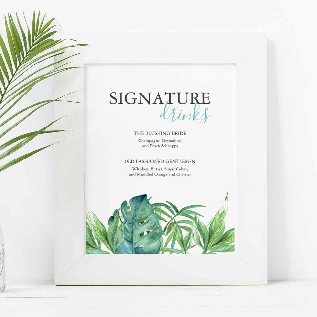 Poster Assinatura Tropical de Praia Bebe Sinal de Casamen (beach wedding sign for signature drinks use the template fields to add your custom text.)