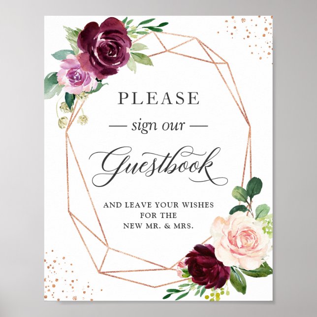 Poster Assine Nosso Guestbook Plum Purple Blush Floral (Frente)