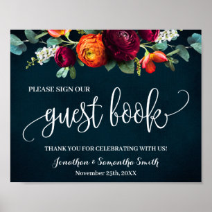 Poster Assine nosso Livro de Visitas Casamento Vinho Azul