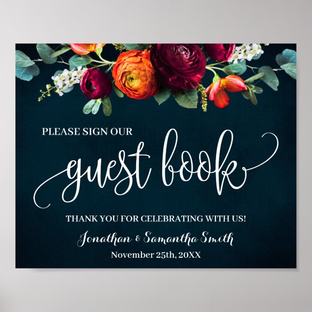 Poster Assine nosso Livro de Visitas Casamento Vinho Azul (Frente)