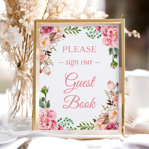 Poster Assine nosso Livro de Visitas Elegante Rosa Floral