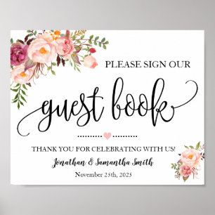Poster Assine nosso livro de visitas noivado floral rosa