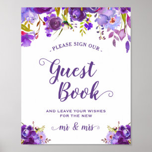 Póster Assine nosso sinal floral roxo violeta do