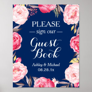 Póster Assine o Marinho de Guestbook Blue Floral Wreath