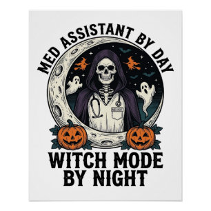 Póster Assistente Médico Bruxas de Halloween Gravura Vint