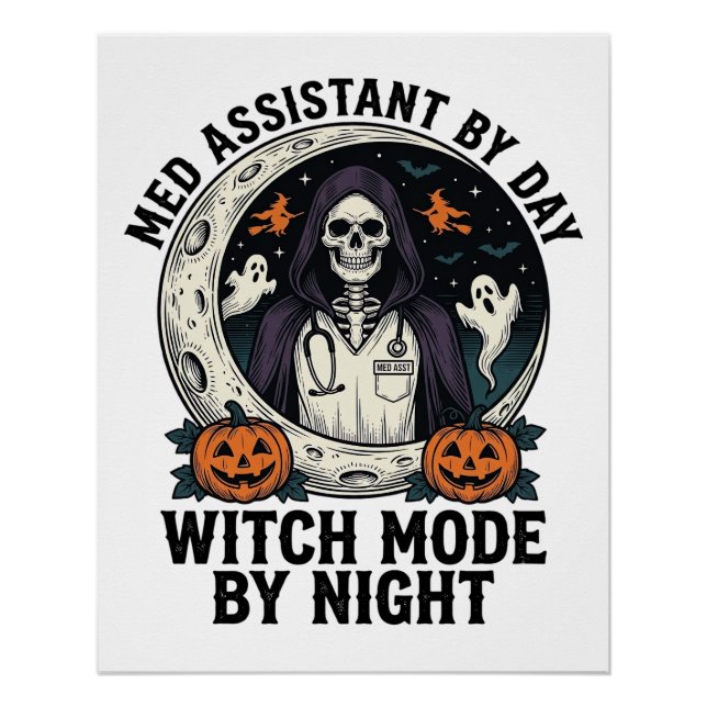 Póster Assistente Médico Bruxas de Halloween Gravura Vint (Frente)