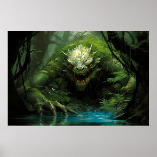 Poster Assustador monstro oculto na floresta tropical