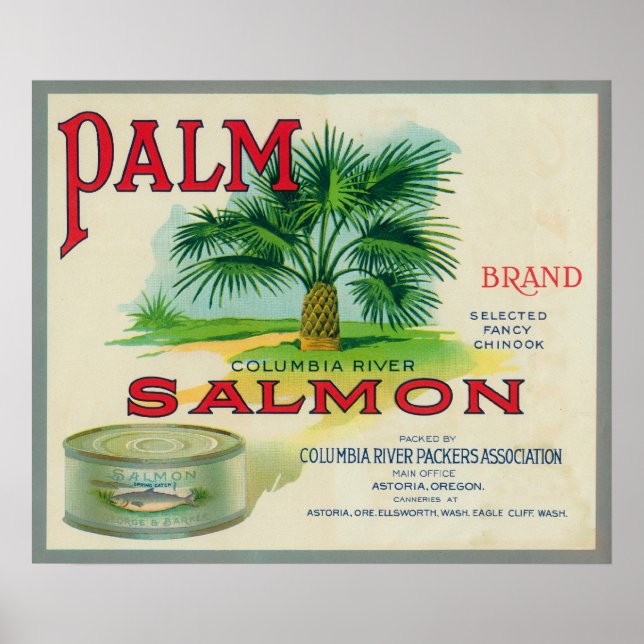 Poster Astoria, Oregon - Etiqueta do Caso Palm Salmon (Frente)