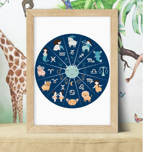 Poster Astrologia para Crianças - Nursery Zodiac Wheel Bl