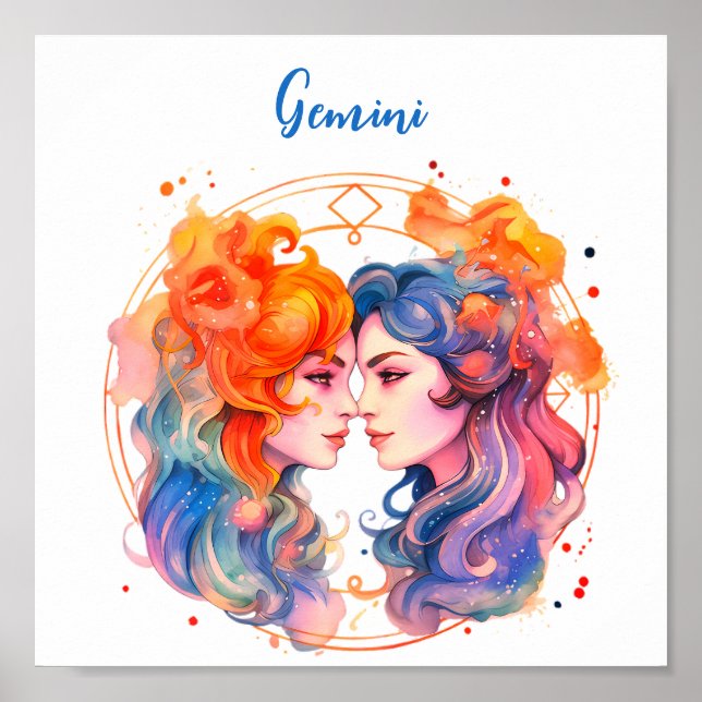Poster Astrologia zodiac de Gemini em aquarela (Frente)