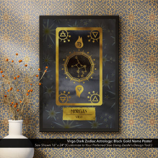 Poster Astrologia Zodiaca Virgo Escuro: Nome Dourado Pret