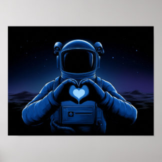 Poster Astronauta Azul Fazendo Sinal de Coração na Lua Al
