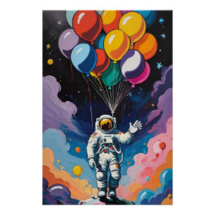 Póster Astronauta com balões coloridos no espaço