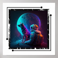 Astronauta com cão no Espaço, Neon Design Art