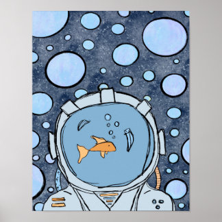 Poster Astronauta de Peixes Abstrato Quirky no Space Post