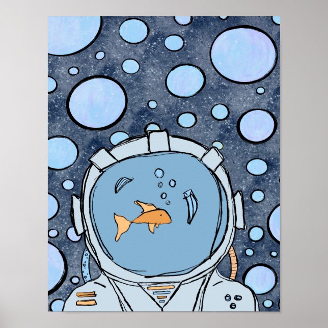 Poster Astronauta de Peixes Abstrato Quirky no Space Post (Frente)