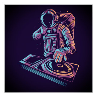 Póster Astronauta DJ Disco Jockey Reproduzindo Música no