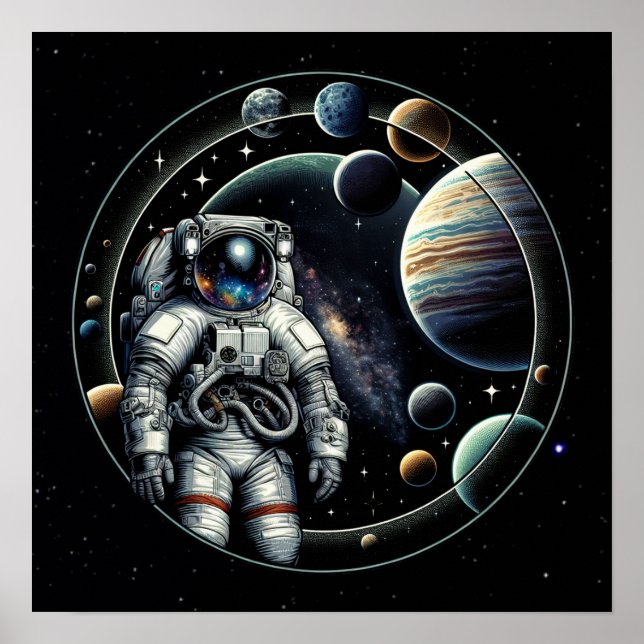 Poster Astronauta e Planetas Vintage (Frente)