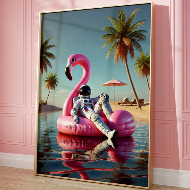 Poster Astronauta Engraçado na Pink Flamingo Beach Wall a (Criador carregado)
