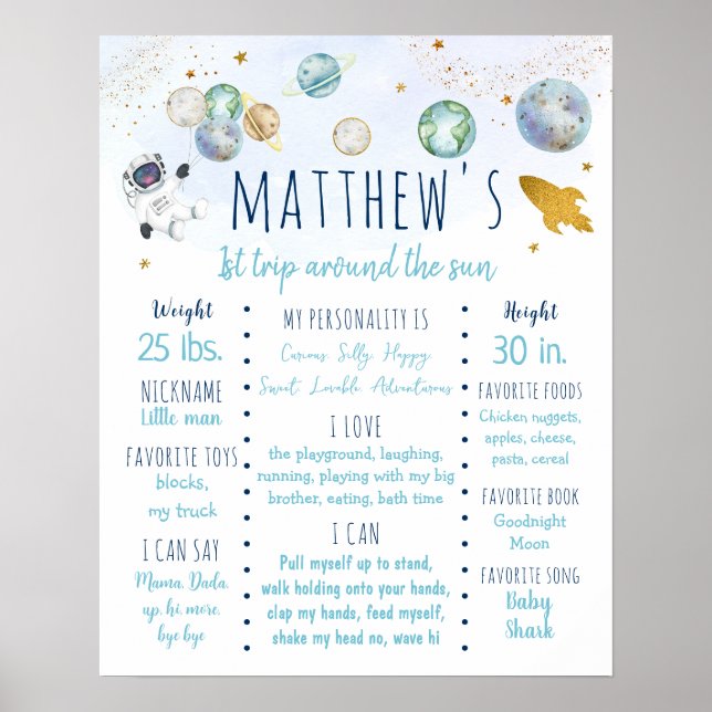 Poster Astronauta Espaço Azul Dourado Primeiro Passo de A (Frente)