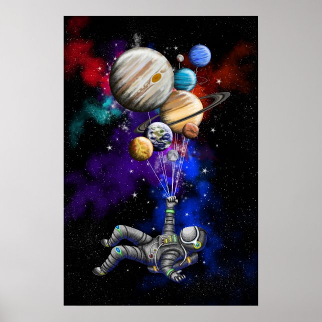 Poster Astronauta flutuando no espaço com balões (Frente)