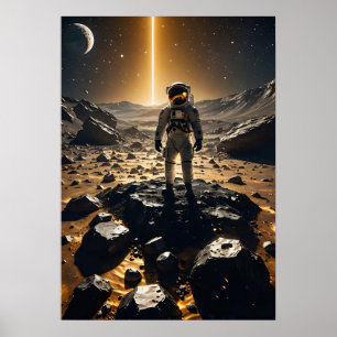 Poster Astronauta Flutuante Acima De Asteroides Ouros Bri