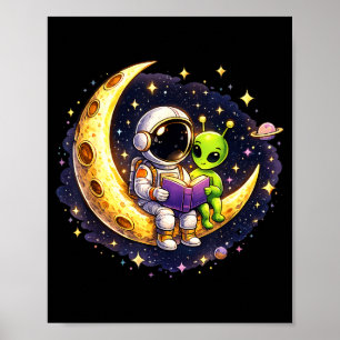 Poster Astronauta lendo livro para espaço lunar alienígen