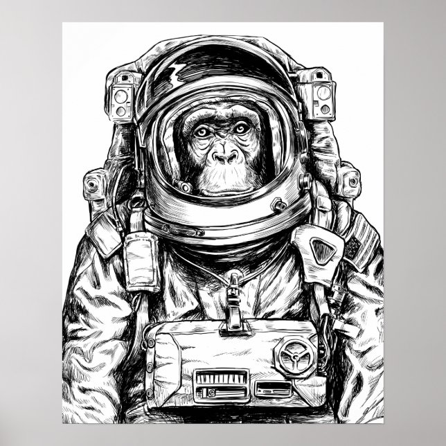 Poster Astronauta Macaco Desenhado À Mão (Frente)
