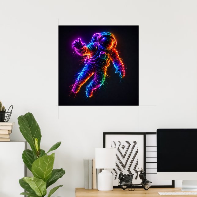 Poster Astronauta Neon Vibrante Flutuando na Parede do Es (Escritório em casa)