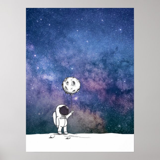 Poster Astronauta no espaço com balão da lua cosmos estre (Frente)