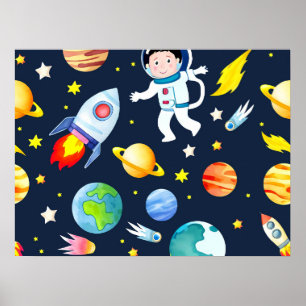 Poster Astronauta no Espaço Planetas e Foguetes Padrão