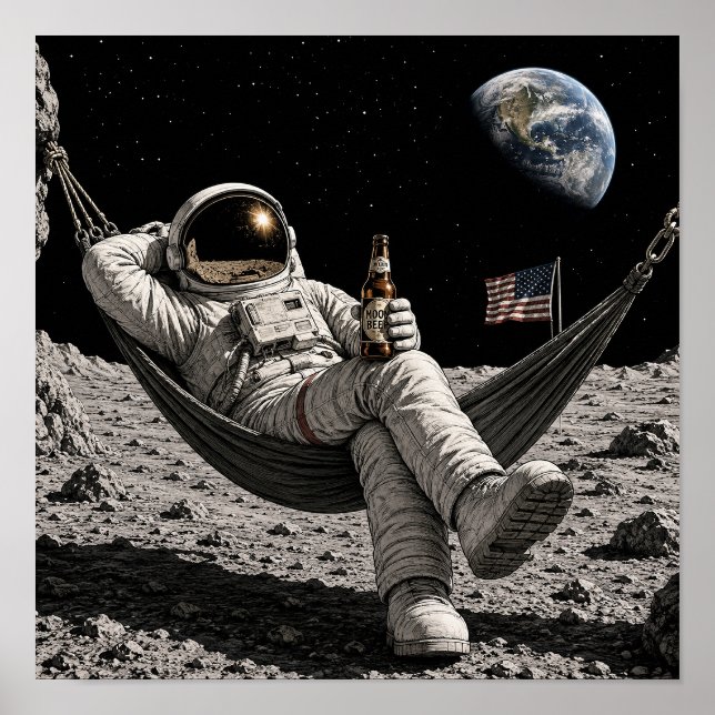 Poster Astronauta Relaxando com Cerveja na Lua (Frente)