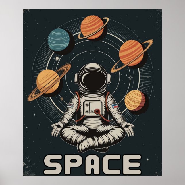Poster Astronauta Retro Medita no Espaço (Frente)