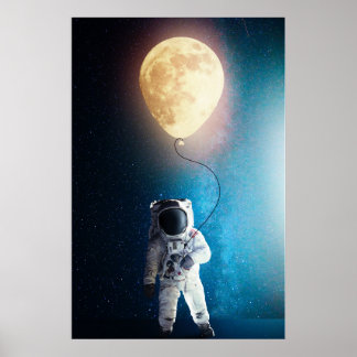 Poster astronauta segurando balão de lua