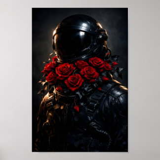 Poster Astronauta Terno Preto Rosas Vermelhas Arte Espaci