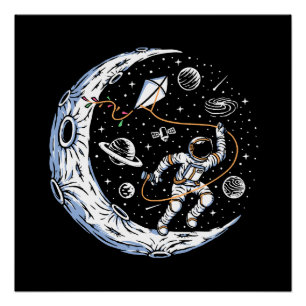 Póster Astronauta Voando uma Pipa na Lua