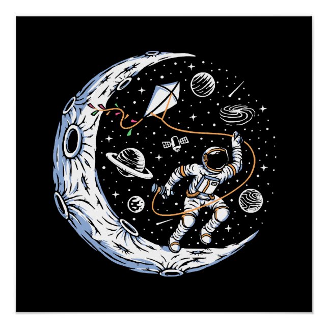 Póster Astronauta Voando uma Pipa na Lua (Frente)