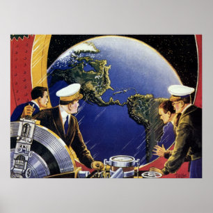 Póster Astronautas de Ficção Científica Vintage Orbitando