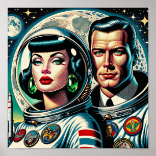 Poster Astronautas Espaciais Retrô