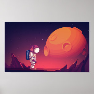 Poster astronautas explorando o espaço com estrelas e pla