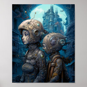 Poster Astronautas Raparigas Surreal Ficção Científica