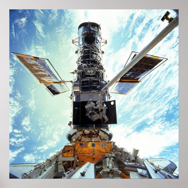 Póster Astronautas trabalham no Telescópio Espacial Hubbl (Frente)