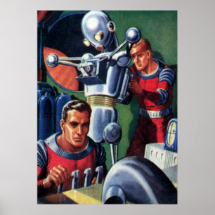 Poster Astronautas Vintage Science Fiction consertando um