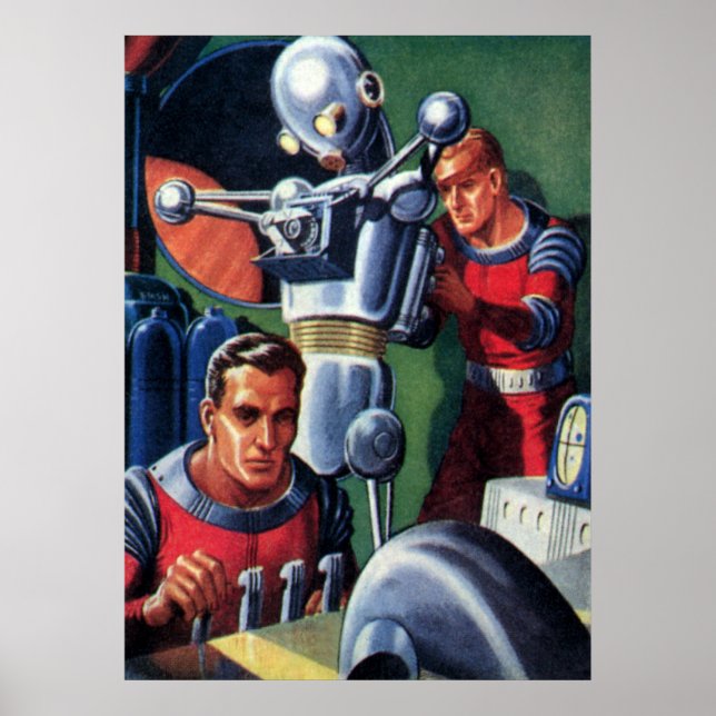 Poster Astronautas Vintage Science Fiction consertando um (Frente)
