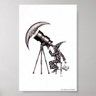Poster Astronomer and moon surreal black and white art