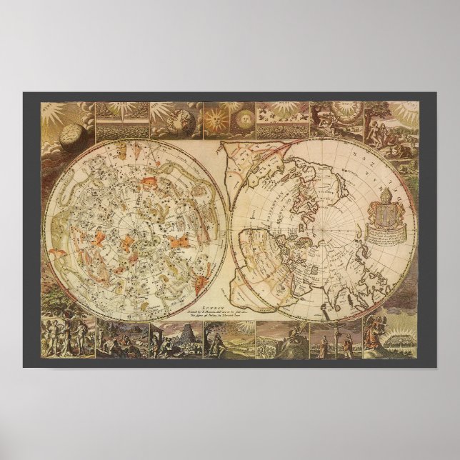 Poster Astronomia Antiga, Mapa Celeste Planisférico (Frente)