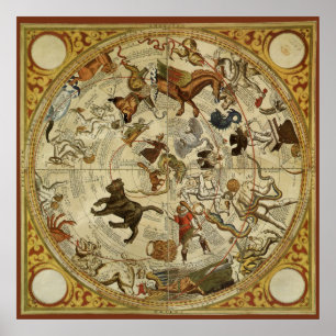 Poster Astronomia Vintage, Gráfico de Estrelas do Mapa Ce